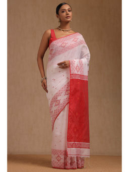 Soch - Women's White Cotton Woven Design Saree with Unstitched Blouse