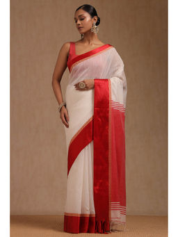 Soch - Women's White Cotton Woven Saree with Unstitched Blouse