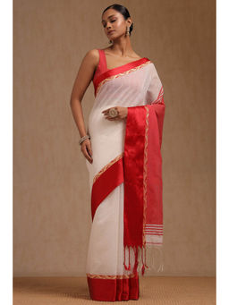 Soch - Women's White Cotton Woven Saree with Unstitched Blouse