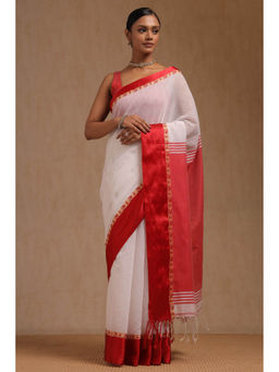 Soch - Women's White Cotton Woven Saree with Unstitched Blouse