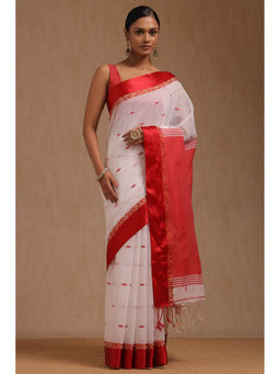 Soch - Women's White Cotton Woven Design Saree with Unstitched Blouse