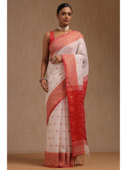 Soch - Women's White Cotton Woven Design Zari Woven Saree with Unstitched Blouse