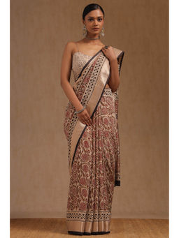 Soch - Women's Beige Viscose Botanical Print Saree with Unstitched Blouse
