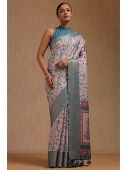 Soch - Women's Powder Blue Tussar Floral Print Saree with Unstitched Blouse