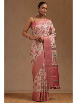 Soch - Women's Pink Tussar Floral Print Saree with Unstitched Blouse