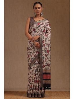 Soch - Women's Off White Tussar Floral Print Saree with Unstitched Blouse