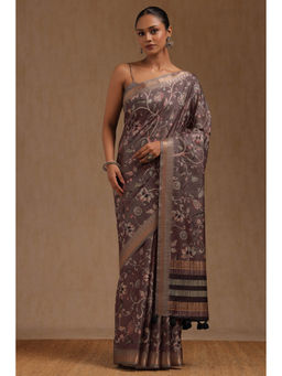 Soch - Women's Grey Tussar Floral Print Saree with Unstitched Blouse