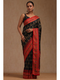 Soch - Women's Black Dola Silk Ikat Print Saree with Unstitched Blouse
