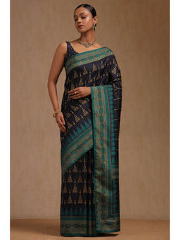 Soch - Women's Navy Blue Dola Silk Ikat Print Saree with Unstitched Blouse
