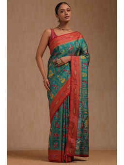 Soch - Women's Teal Green Dola Silk Ethnic Motifs Saree with Unstitched Blouse