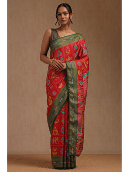 Soch - Women's Deep Red Dola Silk Ethnic Motifs Saree with Unstitched Blouse