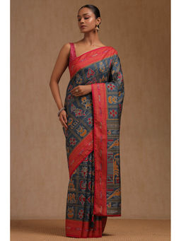 Soch - Women's Blue Dola Silk Ethnic Motifs Saree with Unstitched Blouse