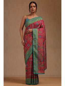 Soch - Women's Pink Dola Silk Pochampally Saree with Unstitched Blouse