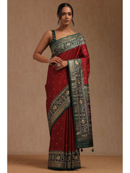 Soch - Women's Maroon Dola Silk Ethnic Motifs Saree with Unstitched Blouse