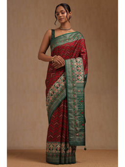 Soch - Women's Maroon Dola Silk Chevron Saree with Unstitched Blouse