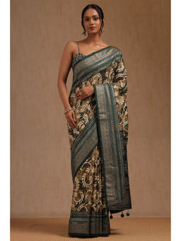 Soch - Women's Green Dola Silk Botanical Print Saree with Unstitched Blouse