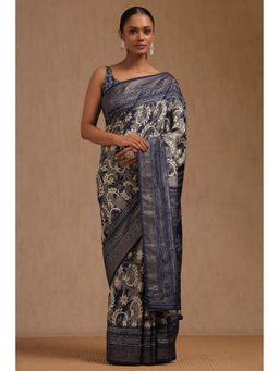 Soch - Women's Navy Blue Dola Silk Floral Print Saree with Unstitched Blouse
