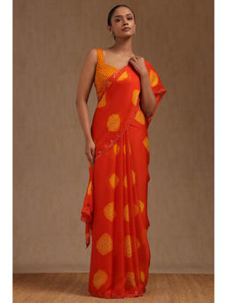 Soch - Women's Orange Georgette Bandhani Print Saree with Unstitched Blouse