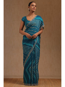 Soch - Women's Blue Georgette Leheriya Print Saree with Unstitched Blouse