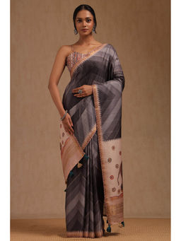 Soch - Women's Charcoal Tussar Chevron Saree with Unstitched Blouse