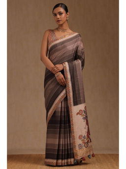 Soch - Women's Olive Tussar Kalamkari Print Saree with Unstitched Blouse