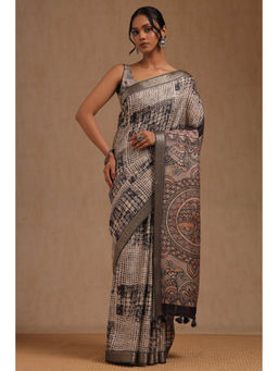 Soch - Women's Off White Tussar Geometric Print Saree with Unstitched Blouse