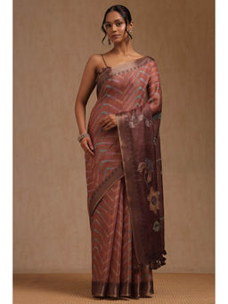 Soch - Women's Rust Tissue Chevron Saree with Unstitched Blouse