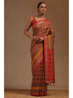 Soch - Women's Red Dola Silk Pochampally Stone Work Saree with Unstitched Blouse