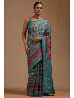 Soch - Women's Blue Dola Silk Ethnic Motifs Stone Work Saree with Unstitched Blouse