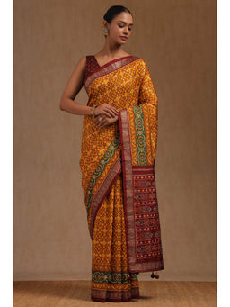 Soch - Women's Mustard Dola Silk Patola Print Stone Work Saree with Unstitched Blouse