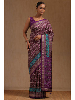 Soch - Women's Purple Dola Silk Patola Print Stone Work Saree with Unstitched Blouse