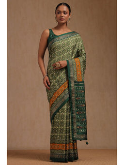 Soch - Women's Green Dola Silk Ethnic Motifs Stone Work Saree with Unstitched Blouse