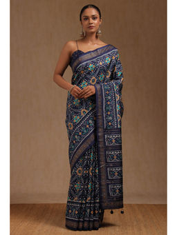 Soch - Women's Navy Blue Dola Silk Patola Print Stone Work Saree with Unstitched Blouse