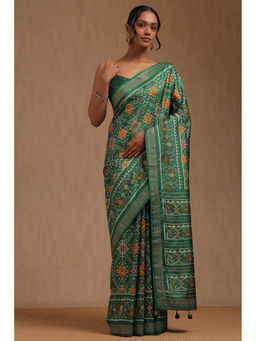 Soch - Women's Green Dola Silk Patola Print Stud Work Saree with Unstitched Blouse