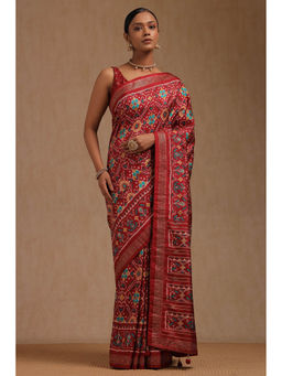 Soch - Women's Maroon Dola Silk Patola Print Stone Work Saree with Unstitched Blouse