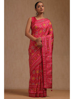 Soch - Women's Fuchsia Pink Dola Silk Patola Print Stone Work Saree with Unstitched Blouse