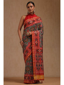 Soch - Women's Grey Dola Silk Patola Print Stone Work Saree with Unstitched Blouse