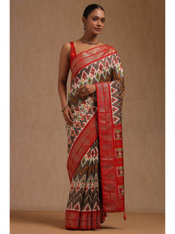 Soch - Women's Multicolour Dola Silk Patola Print Stone Work Saree with Unstitched Blouse