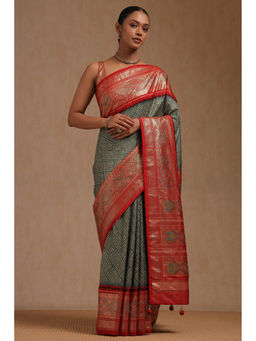 Soch - Women's Green Dola Silk Ethnic Motifs Stone Work Saree with Unstitched Blouse
