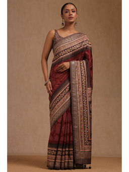 Soch - Women's Maroon Dola Silk Kalamkari Print Stone Work Saree with Unstitched Blouse
