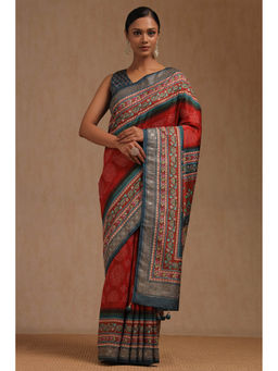 Soch - Women's Red Dola Silk Kalamkari Print Stud Work Saree with Unstitched Blouse