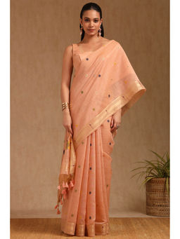 Soch - Women's Peach Chanderi Woven Design Zari Saree with Unstitched Blouse