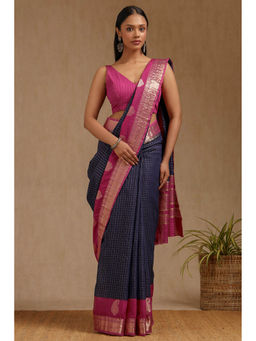 Soch - Women's Navy Blue Art Silk Checked Woven Saree with Unstitched Blouse