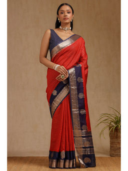 Soch - Women's Red Art Silk Checked Woven Saree with Unstitched Blouse