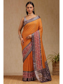 Soch - Women's Mustard Art Silk Checked Woven Saree with Unstitched Blouse