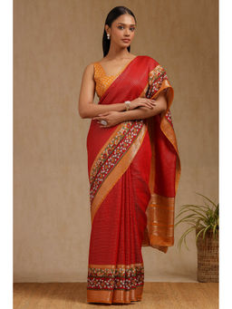 Soch - Women's Red Art Silk Checked Woven Saree with Unstitched Blouse