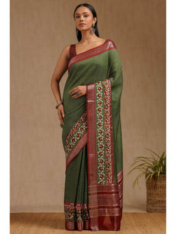 Soch - Women's Green Art Silk Checked Woven Saree with Unstitched Blouse