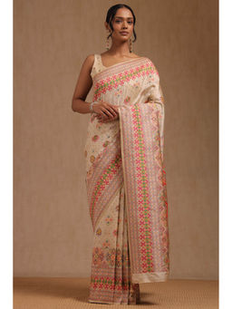 Soch - Women's Cream Dola Silk Patola Print Saree with Unstitched Blouse