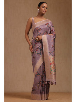 Soch - Women's Lavender Tussar Floral Print Saree with Unstitched Blouse