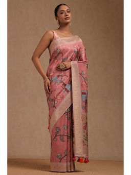 Soch - Women's Pink Tussar Madhubani Print Saree with Unstitched Blouse